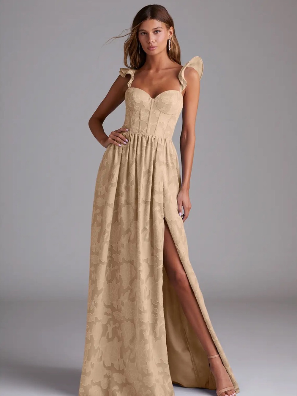 Azazie Beige Ruffled Strap Sweetheart Maxi Dress